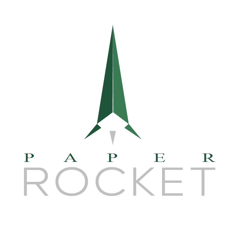 Paper Rocket logo — green rocket mark above PAPER in serif small caps and ROCKET in Causten Light